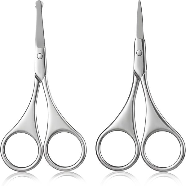 AXIYIBZI 2Pcs Facial Hair Small Grooming Scissors For Men Women - Eyebrow, Nose Hair, Mustache, Beard, Eyelashes, Ear Trimming Kit - Curved and Rounded Safety Tip Clippers For Hair Cutting - Silver