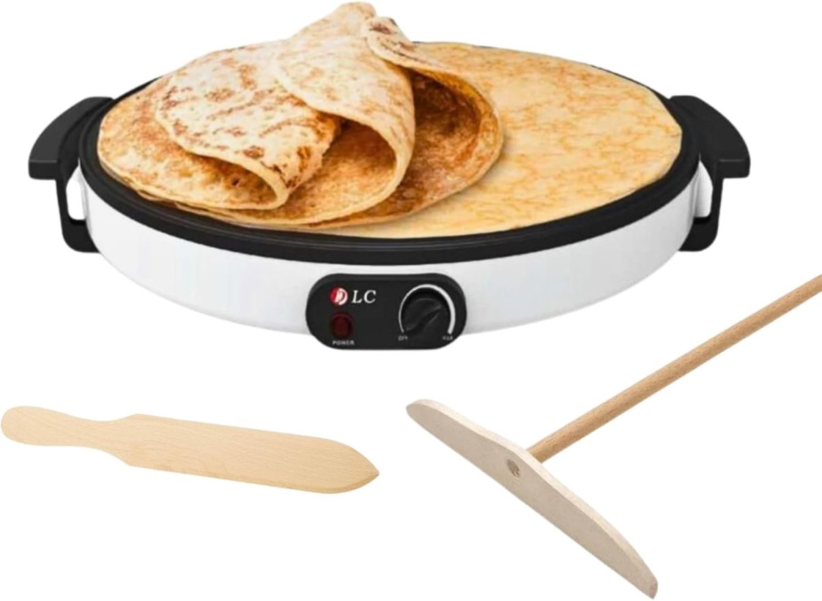 Biki Electric Pancake & Crepe Maker 45CM Non-Stick Hot Plate with Raised Edges for Reduced Wastage/Adjustable Temperature/Wooden Spreader & Spatula Included | صانع الكريب الكهربائي 45 سم 1800 واط