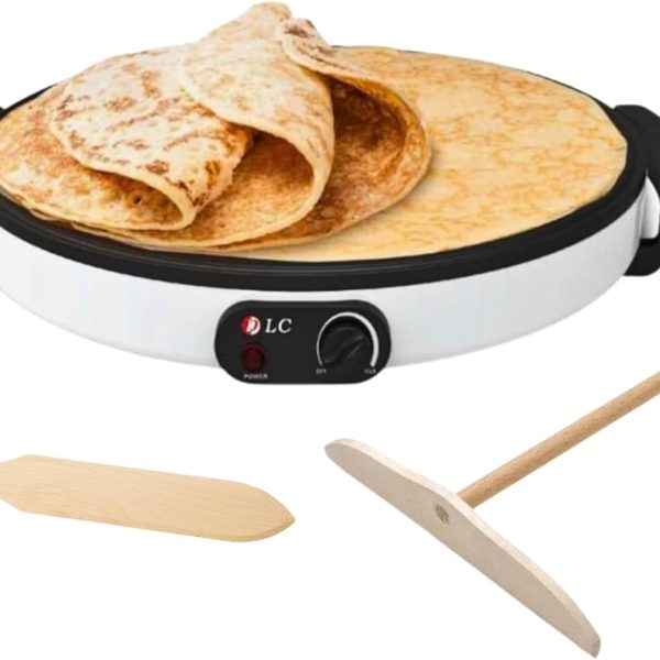 Biki Electric Pancake & Crepe Maker 45CM Non-Stick Hot Plate with Raised Edges for Reduced Wastage/Adjustable Temperature/Wooden Spreader & Spatula Included | صانع الكريب الكهربائي 45 سم 1800 واط