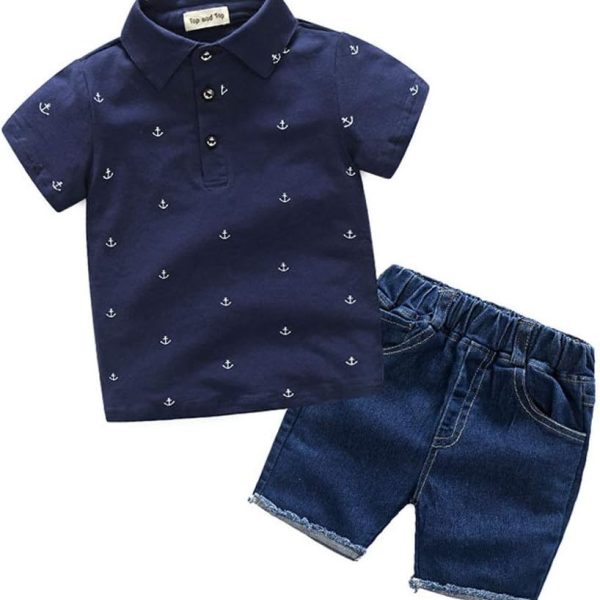 Handsome Boy Short-Sleeved Denim Shorts vy Suit for Party or Birthday (Color : Blue, Size : 130cm)