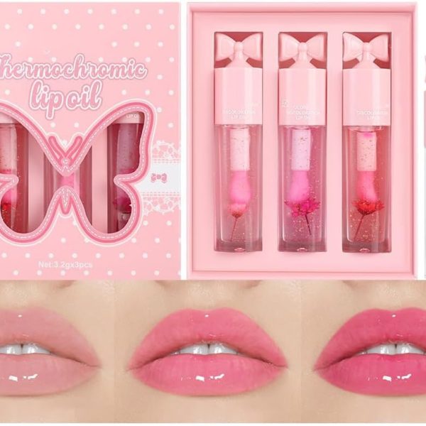 3Pcs Color Changing Lip Oil Set, with Flowers and Gold Foil, PH Thermochromic Mood Lip Gloss, Hydrating Magic Lipstick, Long Lasting Moisture Tint Balm, Clear to Pink Color Shift Lipgloss for Women