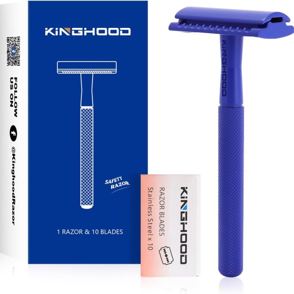 KINGHOOD Brass Single Blade Razor Safety Razor Metal Double Edge Razor One Blade Razor with 10 Blades Long Handle Weighted Eco-Friendly Reusable Razor