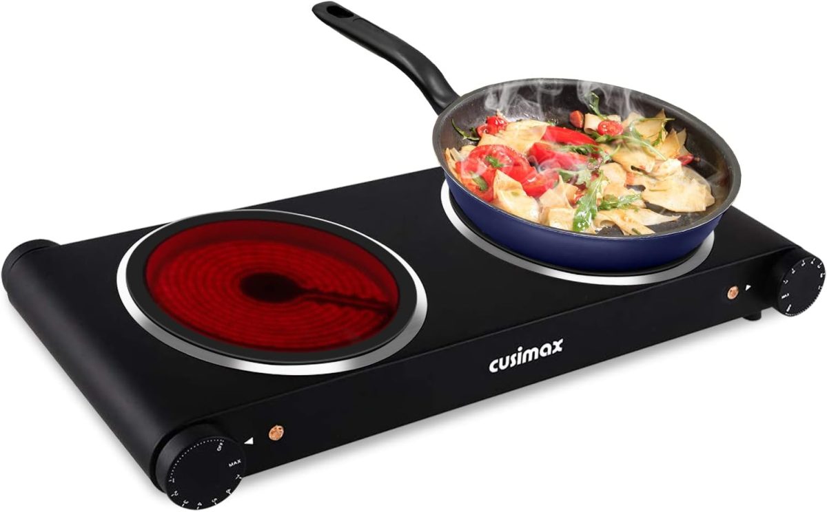 CUSIMAX Infrared Hot Plate 1200W+1200W Double Ceramic Plate Electric Stove for Cooking, Dual independent temperature Cooktop Burner, Compatible for All Cookwares, Black