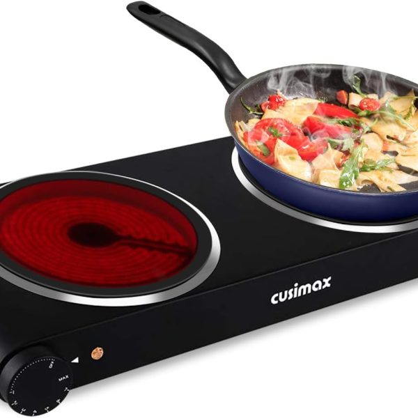 CUSIMAX Infrared Hot Plate 1200W+1200W Double Ceramic Plate Electric Stove for Cooking, Dual independent temperature Cooktop Burner, Compatible for All Cookwares, Black