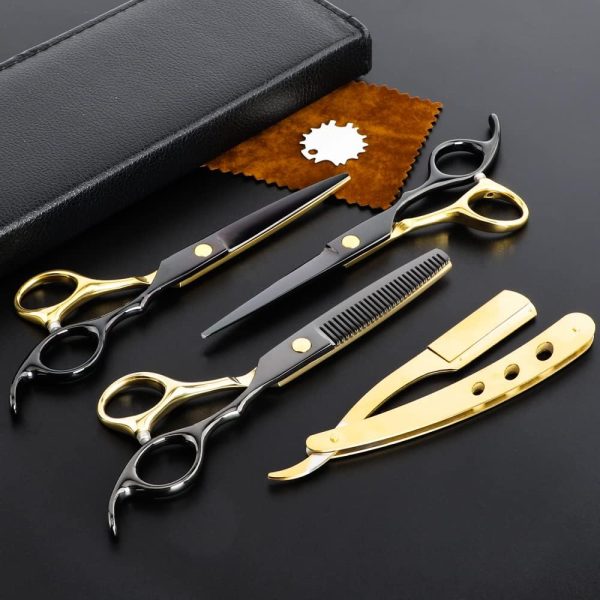 Dozmux Professional Black Gold Hairdressing Teeth Scissors Stainless Steel Barber Hair Cutting Sets Salon Multifunctional Thinning Straight Shears Tools for Mother Father's Gift