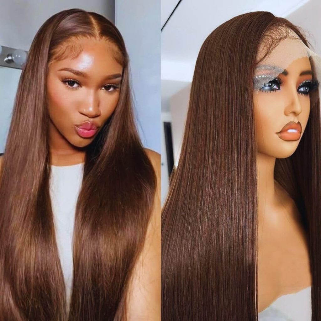 22Inche Straight Lace Front Wig Double Drawn Human Hair Pre Plucked Transparent13x4 Lace Frontal Wigs Human Hair with Baby Hair 200% Density Brazilian Human Hair Wigs for Woman Chocolate Brown #4