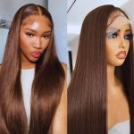 22Inche Straight Lace Front Wig Double Drawn Human Hair Pre Plucked Transparent13x4 Lace Frontal Wigs Human Hair with Baby Hair 200% Density Brazilian Human Hair Wigs for Woman Chocolate Brown #4