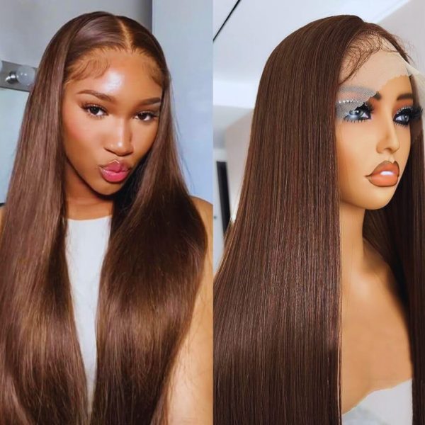 22Inche Straight Lace Front Wig Double Drawn Human Hair Pre Plucked Transparent13x4 Lace Frontal Wigs Human Hair with Baby Hair 200% Density Brazilian Human Hair Wigs for Woman Chocolate Brown #4