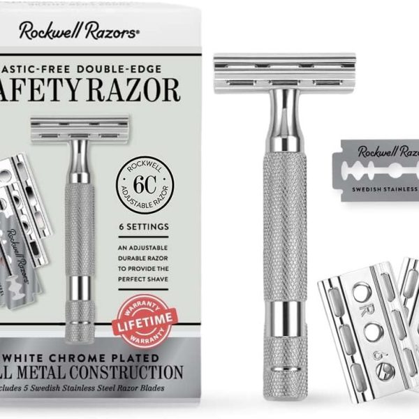 Rockwell Razors 6C White Chrome Double-Edge Safety Razor for Men and Women with 6 Adjustable Shave Settings and 5 Fully Recyclable Eco Razor Blades