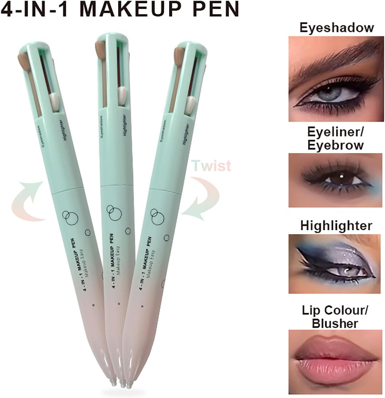 61yeBTkglWL._AC_SL1500_.jpg 4 in 1 Makeup Pen, Eyebrow/Eyeliner, Eyeshadow, Highlighter, Lip Liner - Waterproof, 4 Color Portable Beauty Pen for Daily & Travel Makeup, Easy-To-Apply, 1 Count - الصورة 2