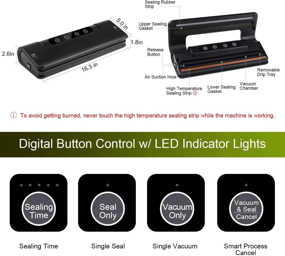 ⁦Wonone Lencak Vacuum Sealing Machine for Both Dried and Wet Fresh Food with Starter Kit (Black)⁩ - الصورة ⁦2⁩