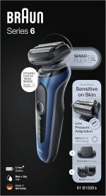 ⁦براون ماكينة حلاقة كهربائية للرجال من السلسلة 6 61-B1500s مع ملحق تشذيب اللحية ايزي كليك سينسو فليكس، تقنية رطبة وجافة، قابلة لاعادة الشحن، ماكينة حلاقة شبكية لاسلكية، ازرق⁩ - الصورة ⁦4⁩