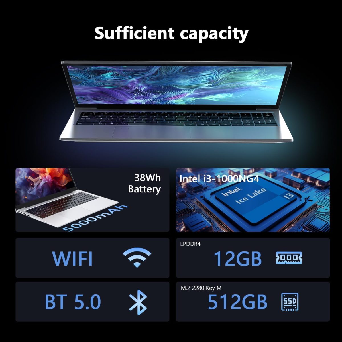 ⁦Laptop Gaming,with Backlit Keyboard-Core Laptop i3 (2C/4T, Up to 3.2GHz), 12GB DDR4 RAM+512GB NVMe SSD, 15.6" FHD IPS 180° Viewing Angle, WiFi&Bluetooth-Aluminum Portable Laptop Computer-Metallic Grey⁩ - الصورة ⁦4⁩
