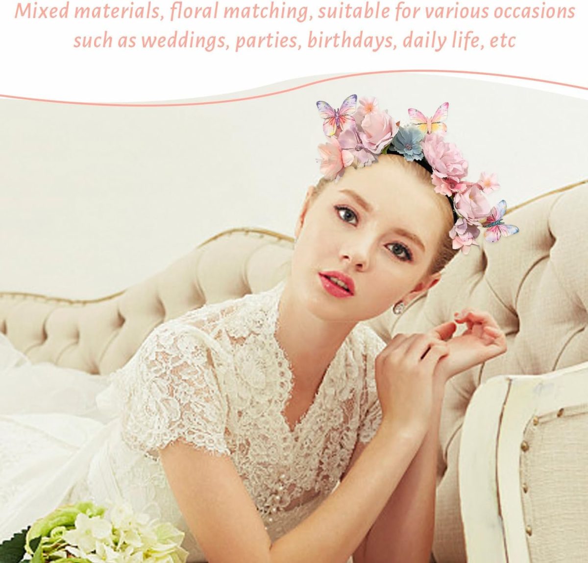 ⁦Boho Flower Headband for Women, Vintage Floral Hair Accessories, Wedding and Party Photo Props, Soft Fabric Elastic Headband, Elegant Retro Style Hairband for Girls and Ladies⁩ - الصورة ⁦4⁩