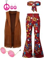 LENSOUS Girls Kids 60s 70s Hippie Costume Pants Set Outfits Fringe Vest Peace Flared Pants Accessories Set