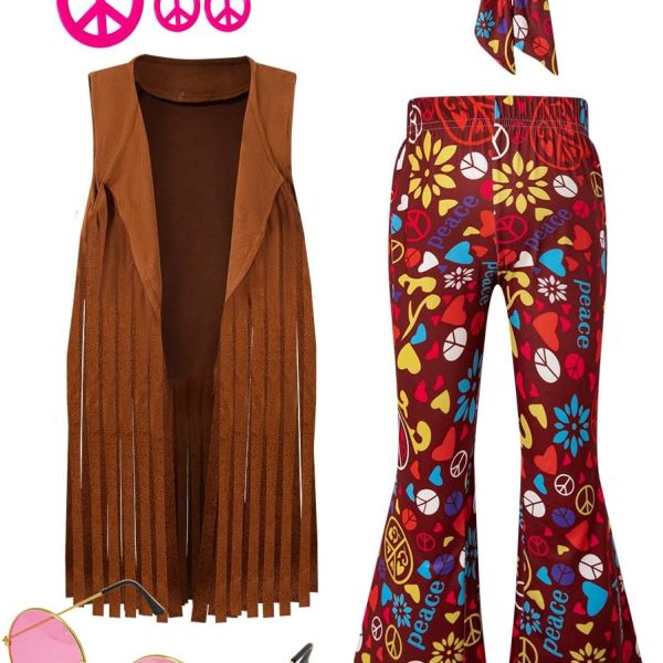 LENSOUS Girls Kids 60s 70s Hippie Costume Pants Set Outfits Fringe Vest Peace Flared Pants Accessories Set