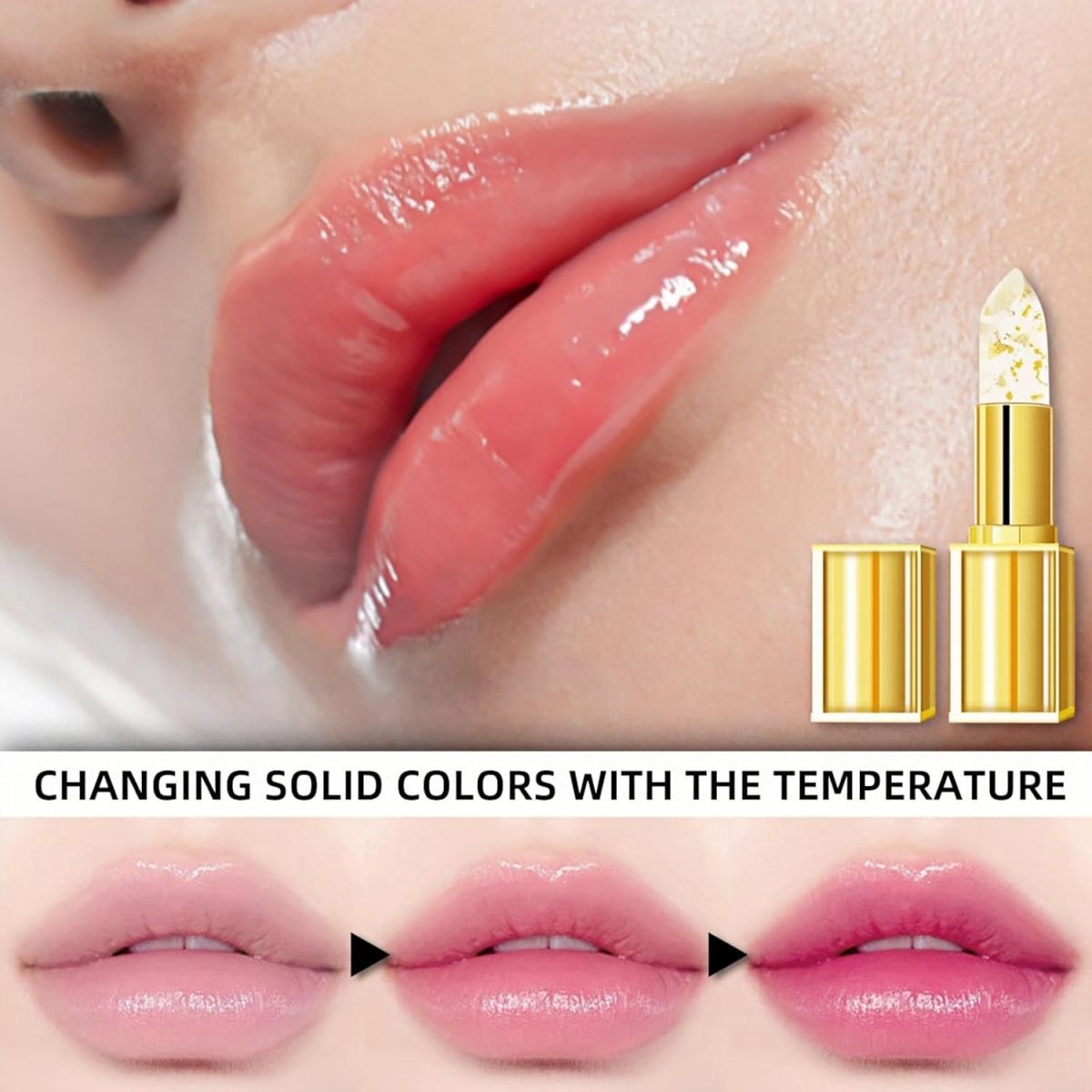 ⁦Transfer-Proof Color Changing Lipstick with Gold Foil, Gold Crystal Color Changing Lip Stick,PH Adjusting Lipsticks,Moisturizing Glossy Lip Gloss,Tinted Li/p Balm,Plumping/Glitter Lip G/loss⁩ - الصورة ⁦4⁩