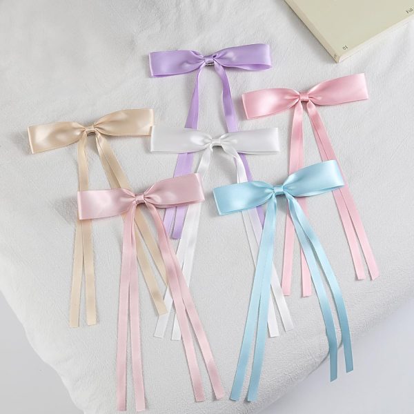 6PCS Bow Hair Clips, Soft Silky Stain Ribbon Hair Clips for Women, Cute Hair Bows with Long Tail, Solid Bows for Female Thick Thin Long Hair,Hair Accessories (Macaron)