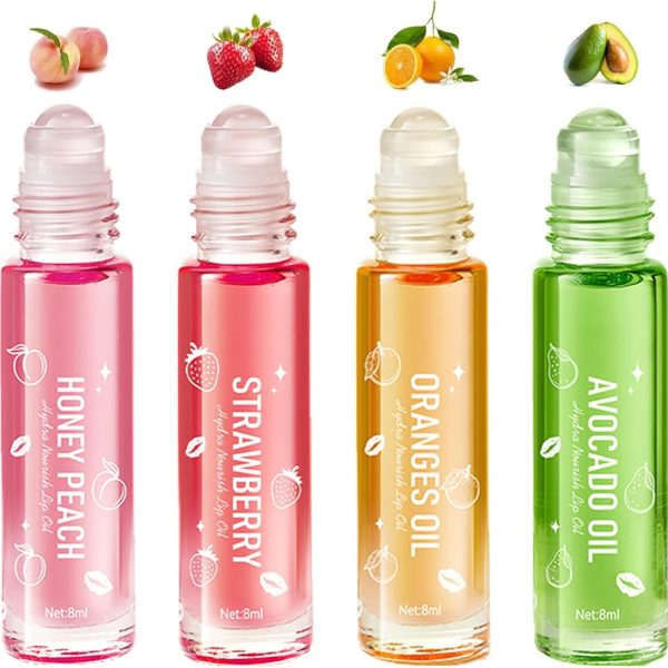 4 Pcs Hydrating Lip Gloss, Fruit Flavored Lip Oil Long Lasting Glow Balm Care, Roll On Lip Gloss Set, Transparent Plumping Lipgloss for Teens and Kids, Lipstick Moisturizing Lip Balm for Women & Girl