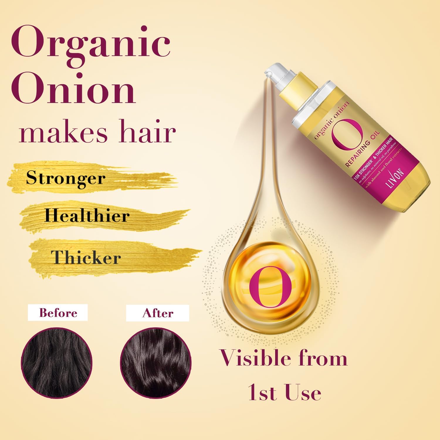 713agf0f8JL._AC_SL1500_.jpg Livon Organic Onion Repairing Serum Oil |For Stronger & Thicker Hair | Enriched with Almond & Floral Extracts | Sulphate & Paraben Free | Lightweight & Non Greasy | 100ml - الصورة 3