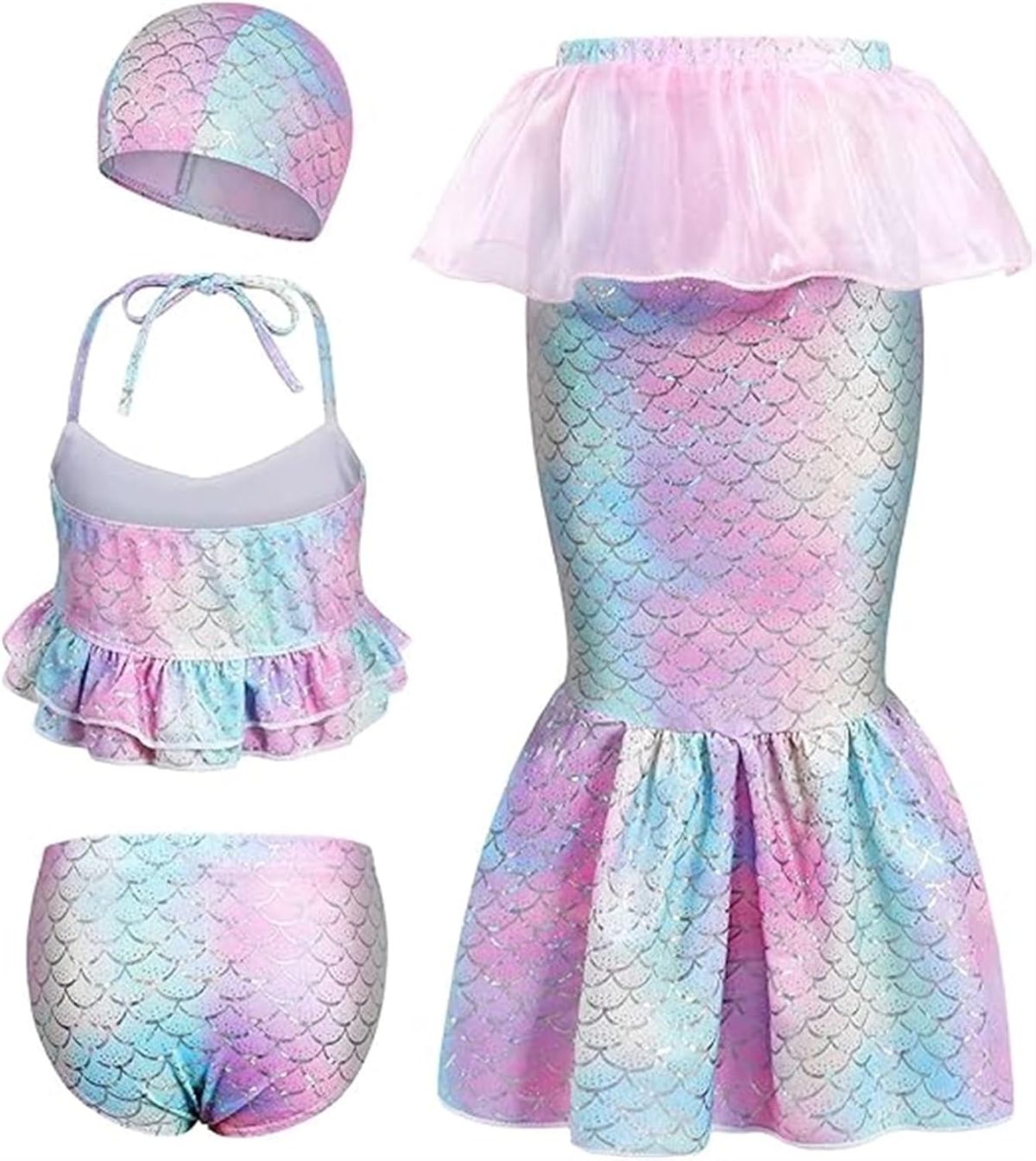 THE WHITE SHOP Mermaid Swimsuit Bikini Set for Little Girls Princess Ariel Swimming Costume 4 Pieces Kids Role Play Bathing Suit Set，Mermaid for Swimming Girls Swimsuit Princess