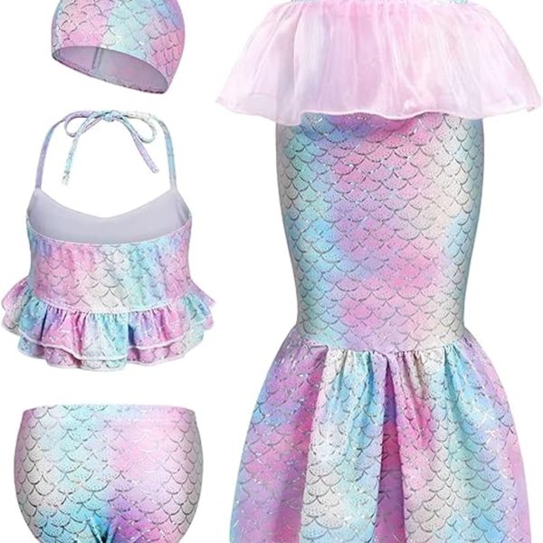 THE WHITE SHOP Mermaid Swimsuit Bikini Set for Little Girls Princess Ariel Swimming Costume 4 Pieces Kids Role Play Bathing Suit Set，Mermaid for Swimming Girls Swimsuit Princess