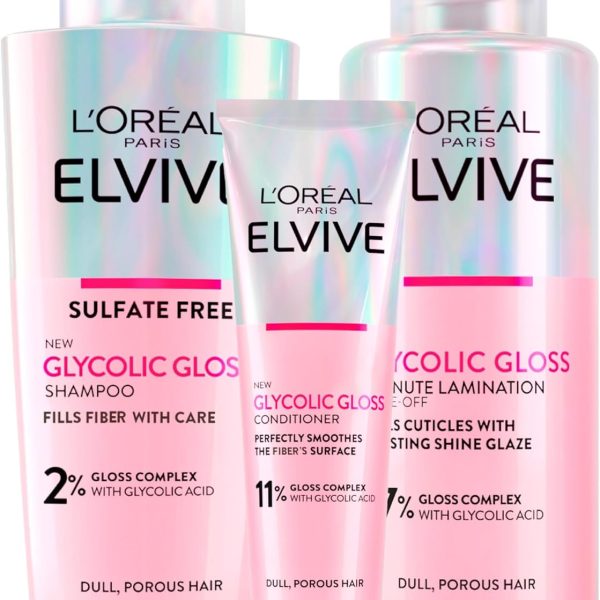 لوريال باريس بلسم جليكوليك جلوس من الفيف 150 مل + شامبو 200 + معالجة التصفيح في 5 دقائق للشعر الباهت والمسامي لمعان مكثف ودائم - 3 زجاجات