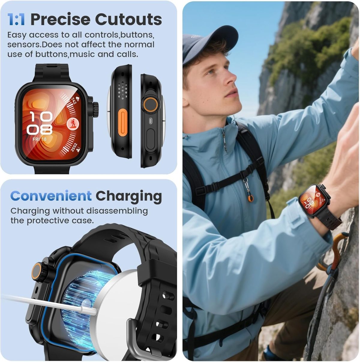 ⁦RUEKAN 2 Pack Screen Protector Case for Huawei Watch Fit 4 Pro, Hard PC Bumper Cover Built-in HD Tempered Glass Screen Protector Shell Cover (Black+Blue, Huawei Watch Fit 4 Pro)⁩ - الصورة ⁦6⁩