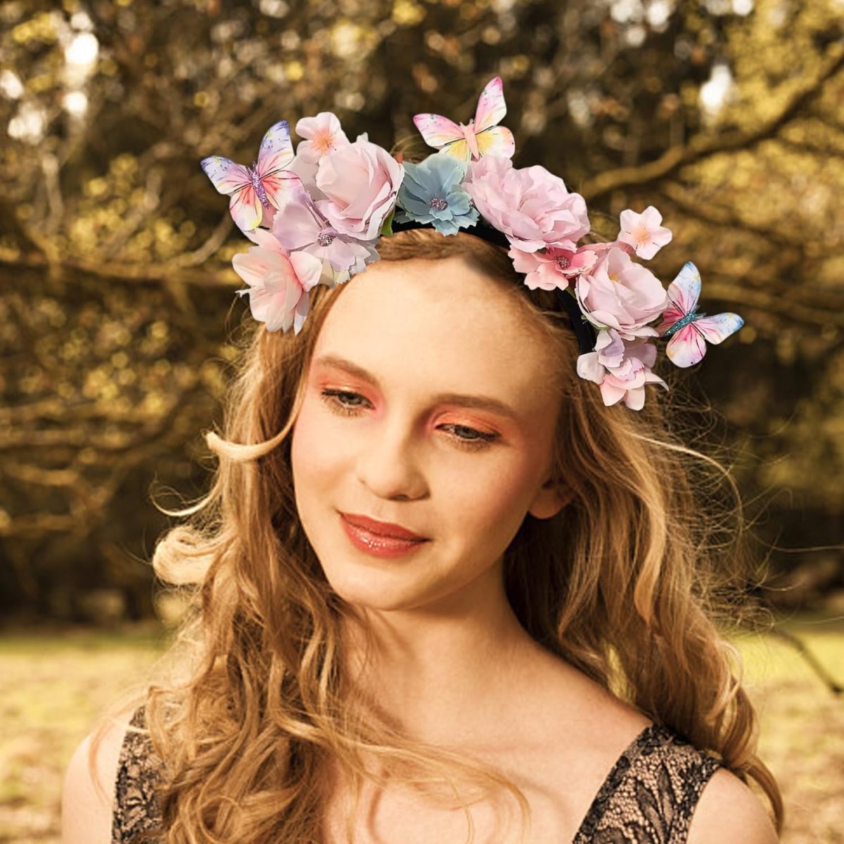 ⁦Boho Flower Headband for Women, Vintage Floral Hair Accessories, Wedding and Party Photo Props, Soft Fabric Elastic Headband, Elegant Retro Style Hairband for Girls and Ladies⁩ - الصورة ⁦2⁩