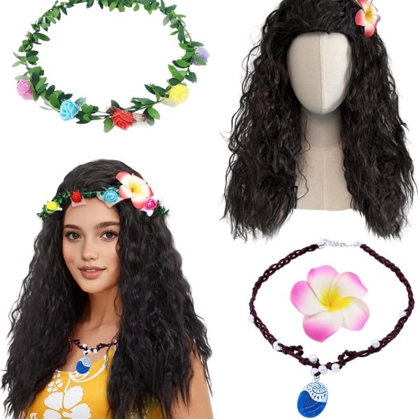 SAIIURV 4 Pieces Long Black Wave Wigs for Women Girls Moana Costume Fancy Dress up Girls Moana Costume Book Day Costumes Cosplay Birthday Holiday Hawaiian Beach Summer Adventure Outfit (Black)