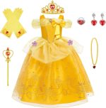 BSBUY Belle Costume, Girls Beauty and the Beast Costumes, 6 Pieces Princess Belle Dress, with Crown Wand Gloves, Girls Beautiful Dresses Set for Cosplay Christmas Party Halloween, 100