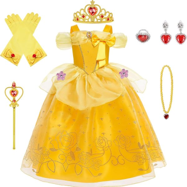 BSBUY Belle Costume, Girls Beauty and the Beast Costumes, 6 Pieces Princess Belle Dress, with Crown Wand Gloves, Girls Beautiful Dresses Set for Cosplay Christmas Party Halloween, 100