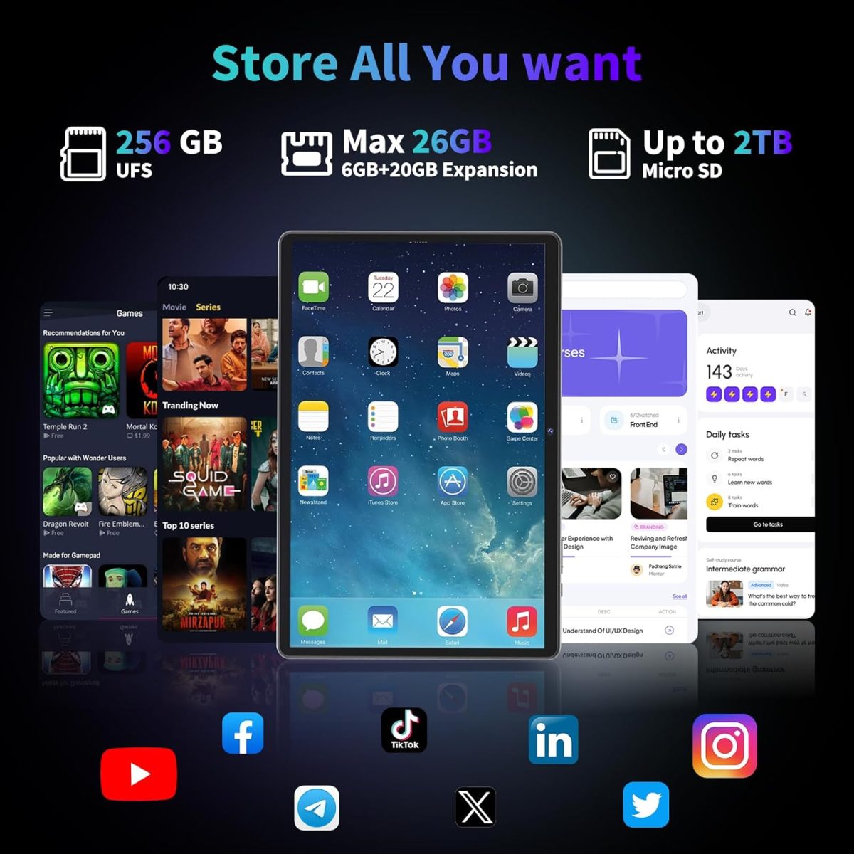 ⁦2025 Android 15 Tablet with Keyboard, 26GB(6+20)RAM+256 Storage(Expand to 2TB), 8000mAh Battery, Widevine L1, 10 Inch 2-in-1 Tablets with 5G/2.4G WiFi, BT5.0, GMS Certified, Mouse, Case, Stylus(Green)⁩ - الصورة ⁦3⁩
