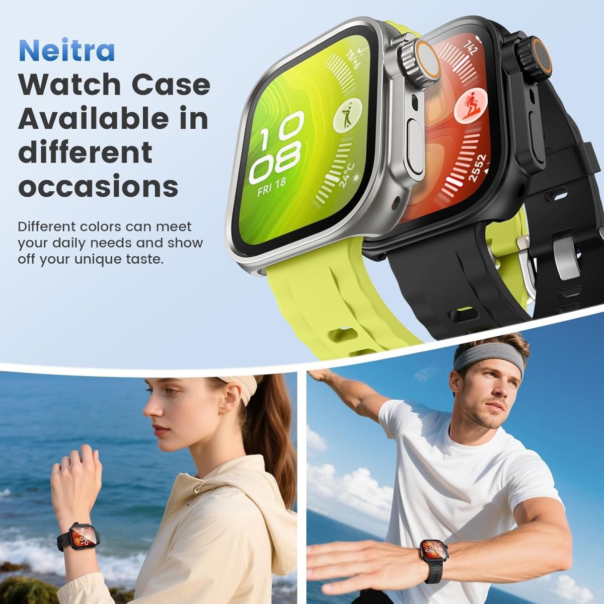 ⁦RUEKAN 2 Pack Screen Protector Case for Huawei Watch Fit 4 Pro, Hard PC Bumper Cover Built-in HD Tempered Glass Screen Protector Shell Cover (Black+Blue, Huawei Watch Fit 4 Pro)⁩ - الصورة ⁦7⁩