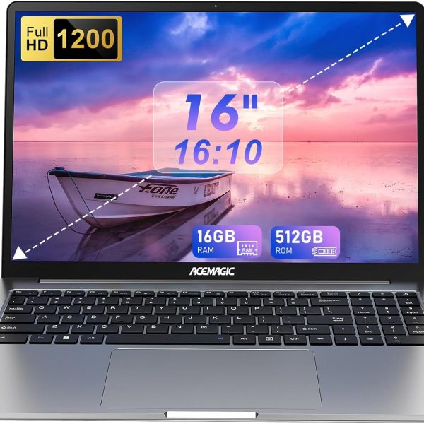 لابتوب 16 انش من ايسماجيك يعمل بمعالج N95 ذاكرة RAM DDR4 16GB وSSD 512GB FHD 1920×1200P نوع C بطارية 38 واط في الساعة واي فاي بلوتوث 5.0 تقليدي للاحتياجات اليومية