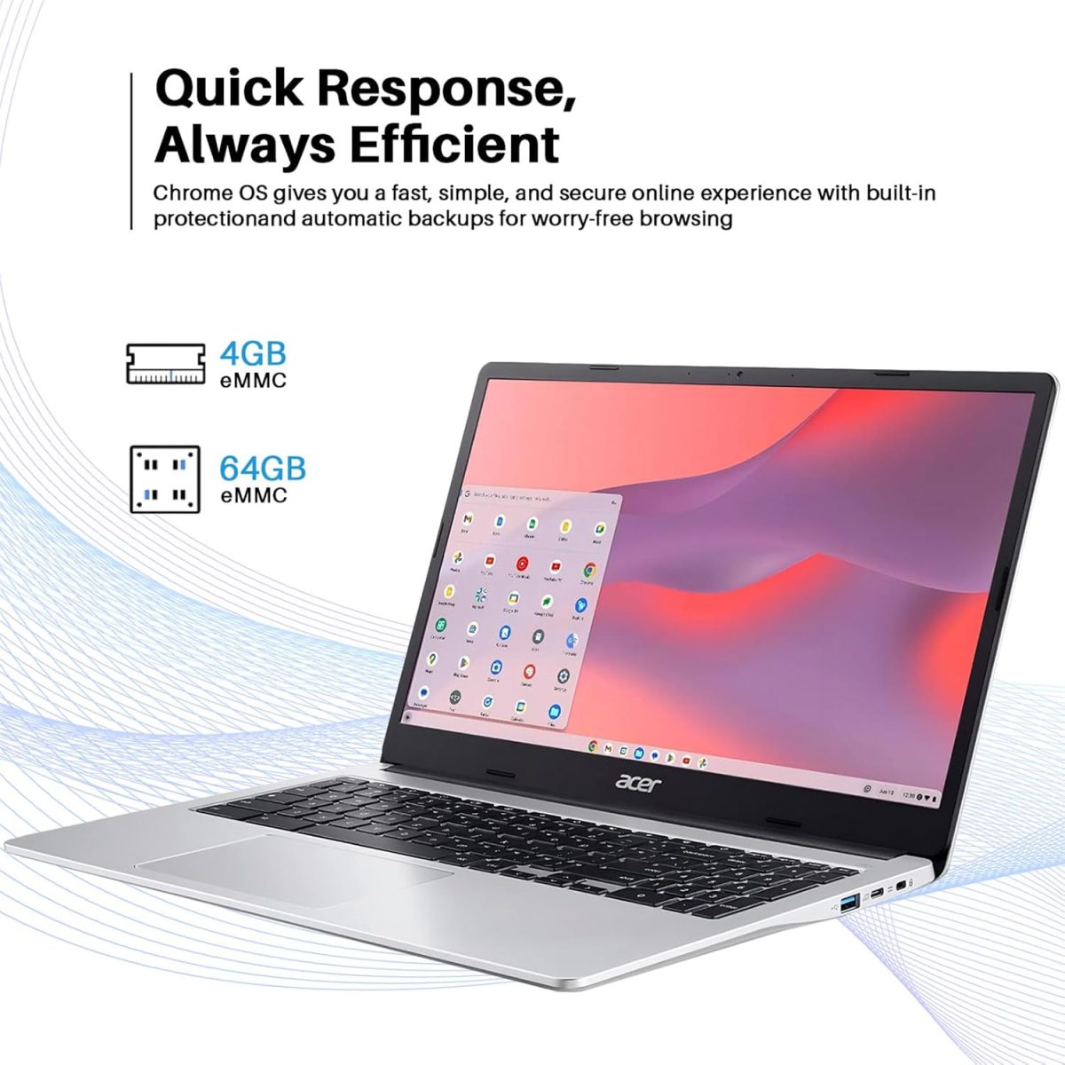 ⁦acer Chromebook 315 Laptop Computer for Student Business, 15.6" FHD IPS Display Chomebook Laptops, Intel Celeron N4500, 4 GB RAM|320 GB(64 GB eMMC+256 GB Card), WiFi6, Chrome OS+Designed Accessories⁩ - الصورة ⁦4⁩