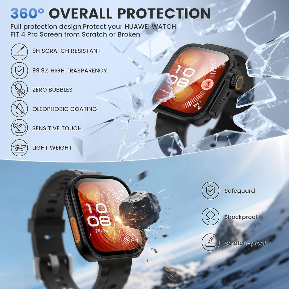 ⁦RUEKAN 2 Pack Screen Protector Case for Huawei Watch Fit 4 Pro, Hard PC Bumper Cover Built-in HD Tempered Glass Screen Protector Shell Cover (Black+Blue, Huawei Watch Fit 4 Pro)⁩ - الصورة ⁦4⁩