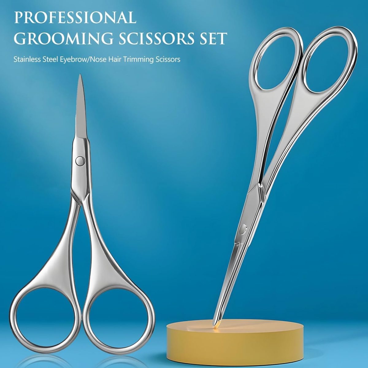 ⁦AXIYIBZI 2Pcs Facial Hair Small Grooming Scissors For Men Women - Eyebrow, Nose Hair, Mustache, Beard, Eyelashes, Ear Trimming Kit - Curved and Rounded Safety Tip Clippers For Hair Cutting - Silver⁩ - الصورة ⁦5⁩