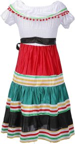 ⁦فستان مكسيكي للبنات بتصميم سينكو دي مايو وتنورة رقص فولكلوريكو تقليدية مع عقد اكليل من الزهور من جوبوكوت (للبنات، مقاس L)، البوليستر⁩ - الصورة ⁦4⁩