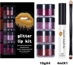 ⁦Glitter Lip Kit, Long Lasting Glitter Lip Powder with Primer and Brush, Shiny Cosmetics Set Glitters Lips Kit for Wife Mom Women Wedding Halloween Party Christmas Travel Family Gathering Holiday Event⁩ - الصورة ⁦2⁩