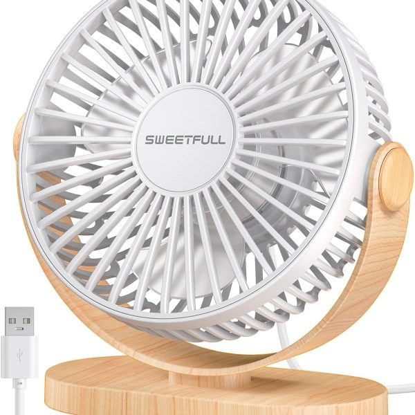 SWEETFULL Desk Fan, Small USB Desk Fan Silent, 3 Speeds Portable Personal Desktop Fan, Dual 360 Adjustment Mini Fan, Quiet Operation for Home,Office,School and Outdoor (White)