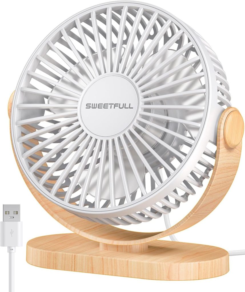 SWEETFULL Desk Fan, Small USB Desk Fan Silent, 3 Speeds Portable Personal Desktop Fan, Dual 360 Adjustment Mini Fan, Quiet Operation for Home,Office,School and Outdoor (White)