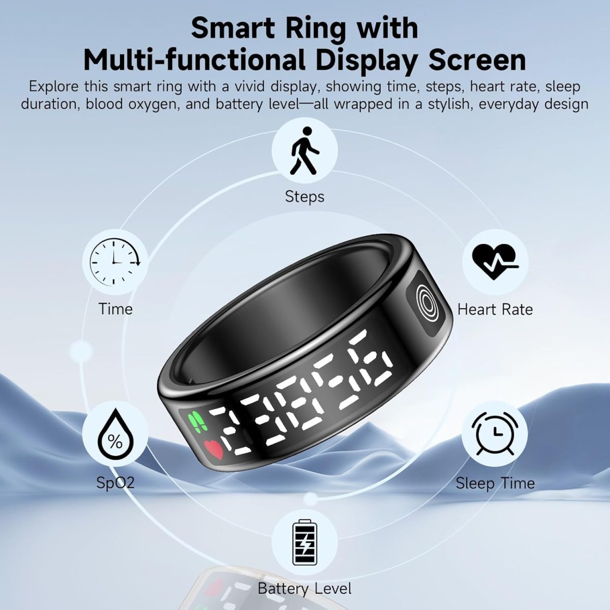 ⁦YelaJoy Smart Ring, Waterproof Health Tracker, 19MM Fitness Tracker Ring with Heart Rate Monitor,Sleep Tracker,Step Counter,Gesture Control, Compatible with IOS, Android, Black⁩ - الصورة ⁦2⁩