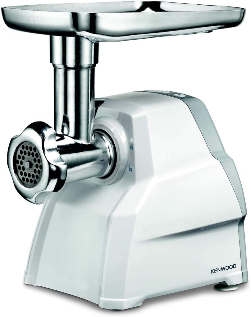 Kenwood Meat Grinder, 2100W, Meat Mincer, 3 Stainless Steel Mincer Screens, Kibbeh Maker, Sausage Maker, Biscuit Attachment, Reverse Function, MGP40.000WH, White