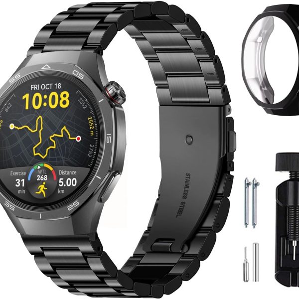 SUMK Metal Watch Strap Compatible with Huawei Watch GT5 Pro/GT4/GT3 46mm with All-Around Protective Cover Screen Protector Case - Black