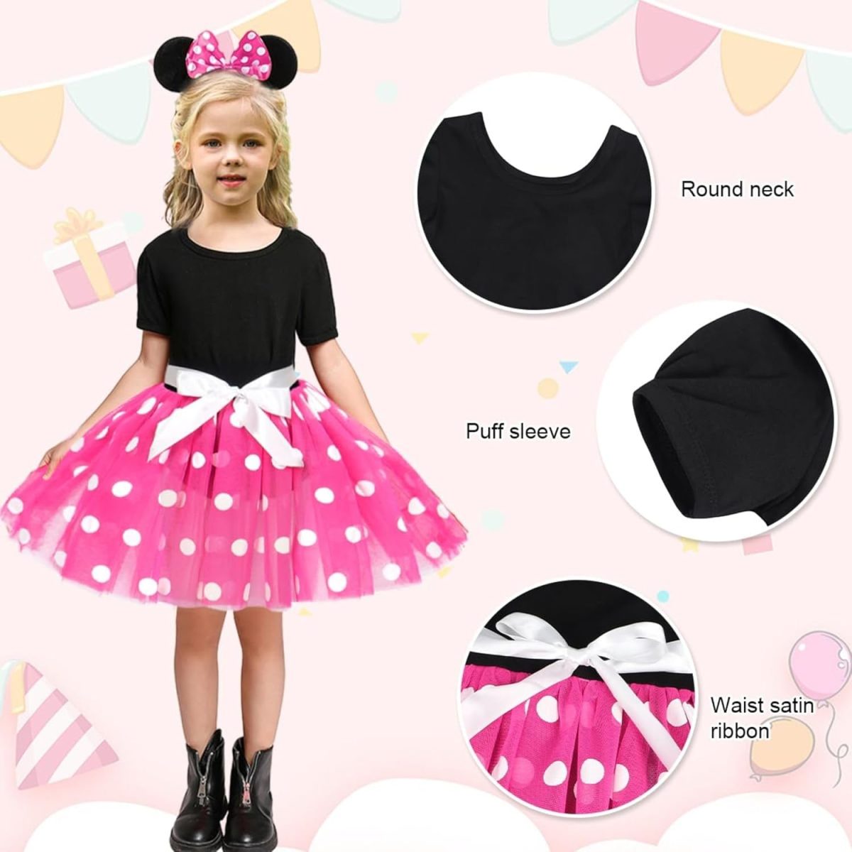 ⁦Atorcher Minnie Fancy Dress Up Costume with Mouse Ears Bowknot Hair Hoop, Gloves & Nose for Kids Girls, Halloween Birthday Party Mini Polka Dot Tutu Skirt⁩ - الصورة ⁦3⁩