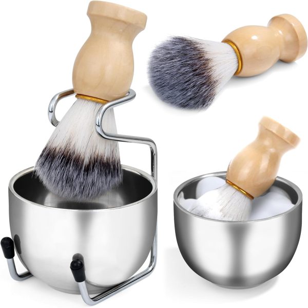 Azonee Shaving Brush and Bowl Set, Mens 3-in-1 Shaving Brush Kit Wood Handle with Stainless Steel Shaving Bowl Brush Stand, Perfect Shaving Gift Kit for Father Husband Boyfriend Birthday