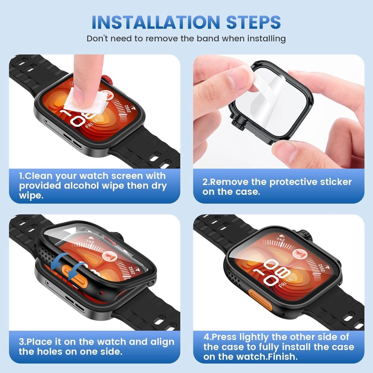 ⁦RUEKAN 2 Pack Screen Protector Case for Huawei Watch Fit 4 Pro, Hard PC Bumper Cover Built-in HD Tempered Glass Screen Protector Shell Cover (Black+Blue, Huawei Watch Fit 4 Pro)⁩ - الصورة ⁦8⁩