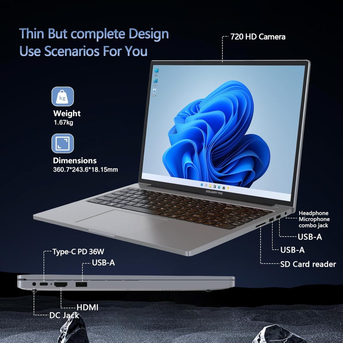 ⁦ZOLWAYTAC Gaming Laptop,Laptop Computer 16" FHD Display,16GB RAM 512GB SSD with N100 Processor(Up to 3.4GHz),Professional Edition,BT5.0 HDMI,Supports Type C Charging,WiFi,SpaceGray⁩ - الصورة ⁦4⁩