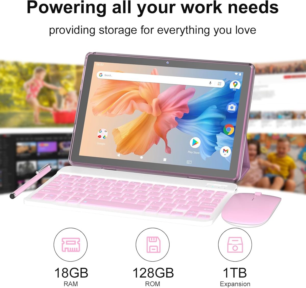 ⁦Android 15 Tablet,10 inch Tablets, 18GB RAM+128GB ROM/2TB Expandable, 2 in 1 Tablets with Keyboard Case, 1280x800 IPS Display Screen, 5G Wi-Fi6, Dual Camera, 6000mAh Battery BT5 Widevine L1 (Pink)⁩ - الصورة ⁦3⁩
